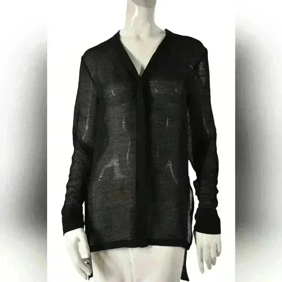 HELMUT LANG Black Sheer Crinkle Rolled 100% Silk Long Top Blouse Small 2/4  USA - Picture 1 of 8